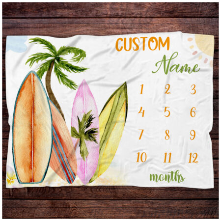 Personalized Surf Monthly Blanket Gift for Baby - Custom Surf Monthly Baby Blanket